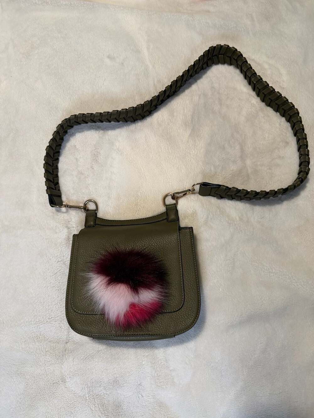 Anthropologie Olive Green Vegan Leather Crossbody Bag Pom Pom